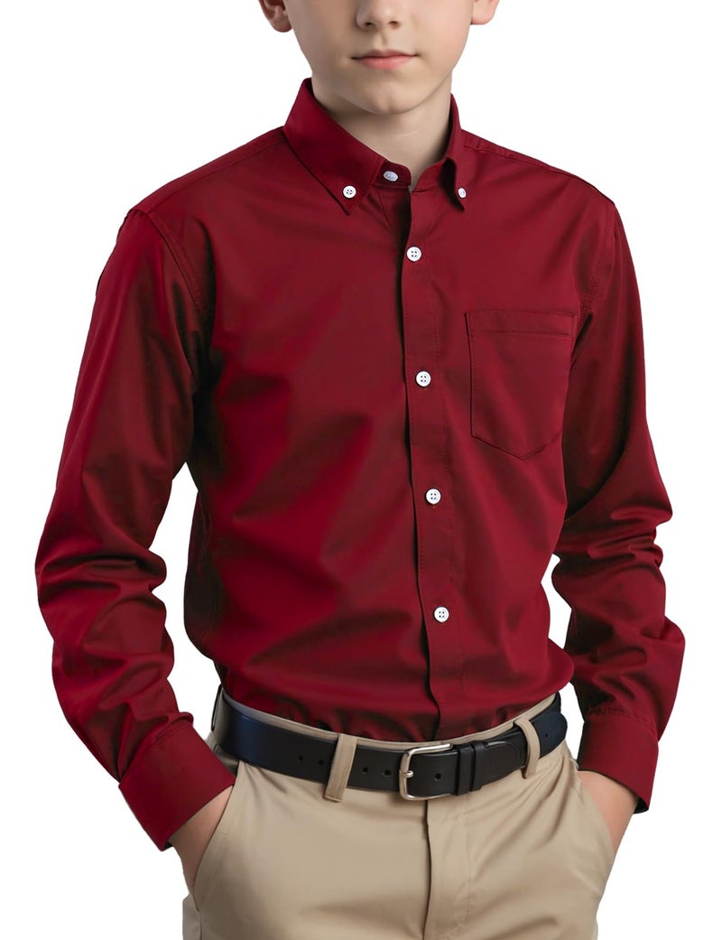 Spring&Gege Boys Long Sleeve Uniform Woven Twill Button Down Shirt for Children Burgundy Size 11-12 Years - Image 1